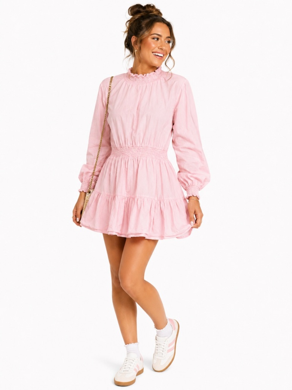 Nasty Gal Pink Ruffle Neck Long Sleeve Mini Dress Smocked Womens Size 8